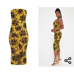 PrettyLittleThing Mustard Flocked Body Suit Lined Bandeau Midi Dress Size 12